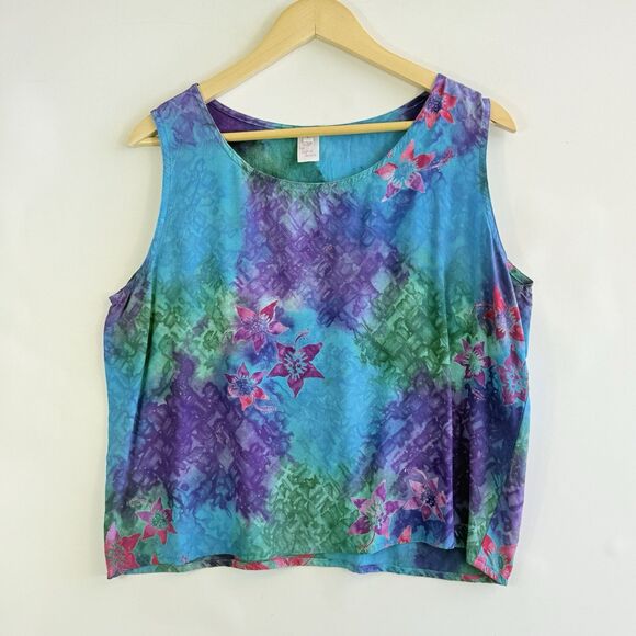 La Luna Loca Womens Large Jewel Tone Floral Batik Rayon Sleeveless Shirt Top - Picture 1 of 5